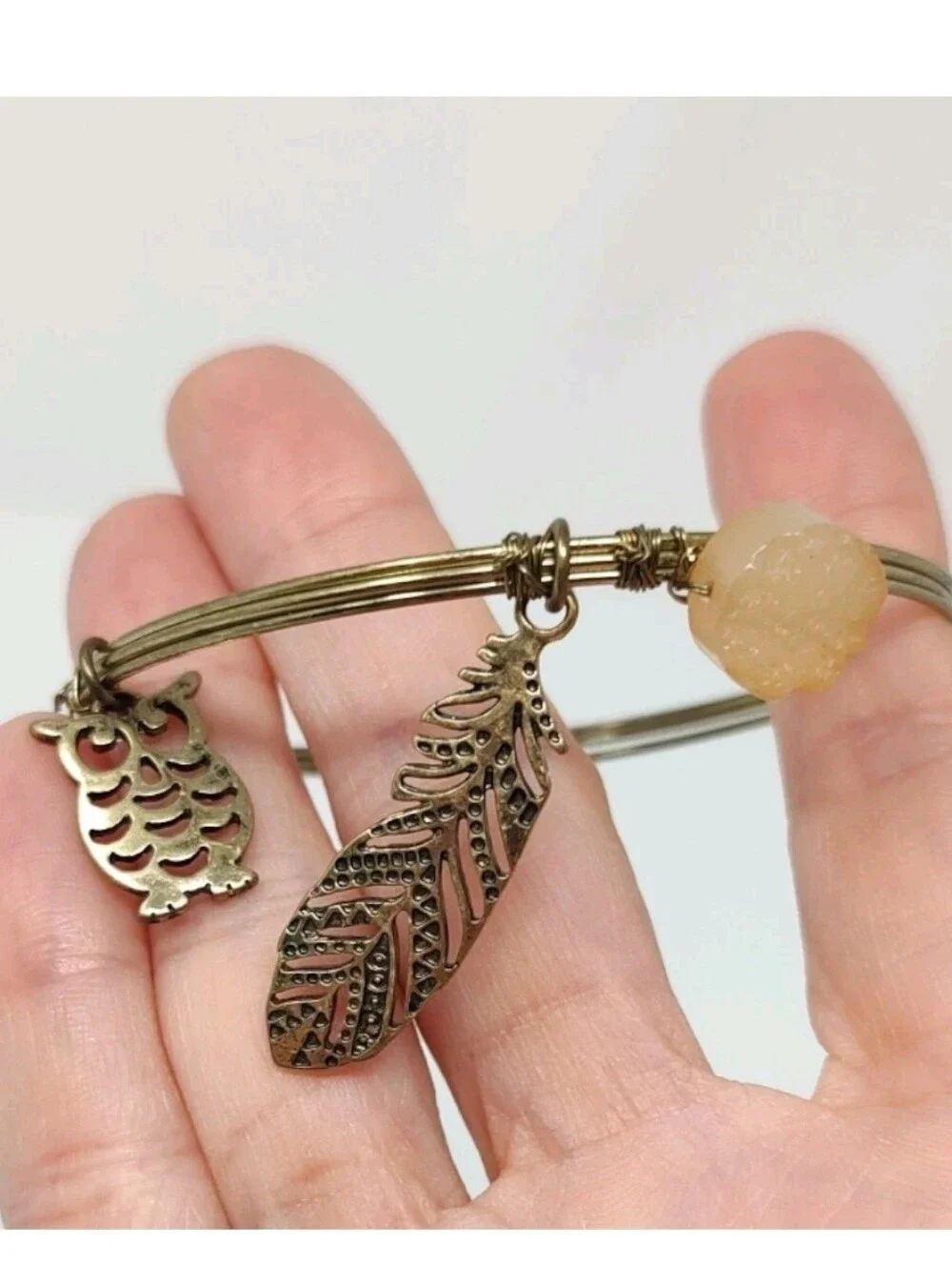 Boho Bangles Set of 3 Gold Bronze Tone Bracelets Wire Wrap Charms Feathers Owls